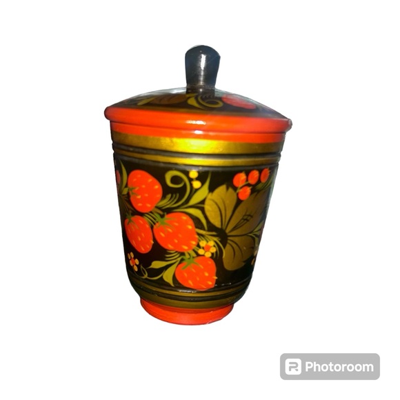 Other - Vintage Kodachka Russian Hand Painted Wood Strawberry Lacquer Cup USSR Lidded